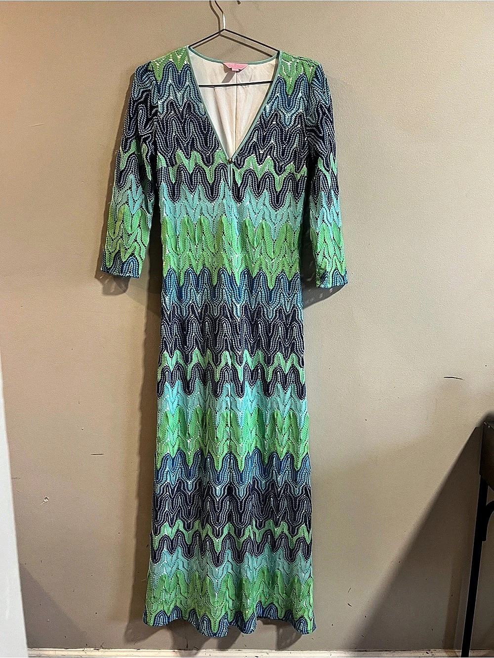 Lilly Pulitzer Blue Green Zig Zag Crochet Dress Size S Beachy Coastal